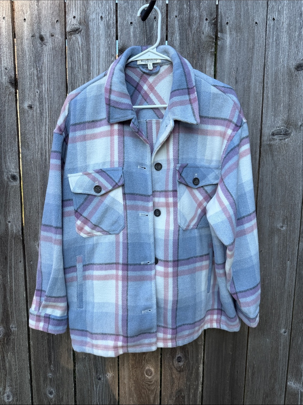 Workshop Republic Clothing Light Blue, Cream & Pink Plaid Shacket
